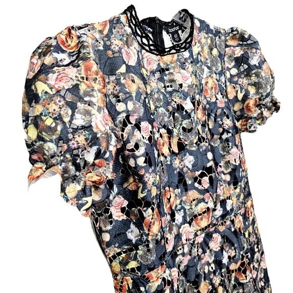 Nwot Boohoo Crochet  Cutout Floral Lace Puff Sleeve Dress - Picture 6 of 17